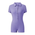 thumbnail image 2 of Women Short Sleeve Ribbed Knit Jumpsuit Button Down Lapel Romper Bodycon One Piece Bodysuit, 2 of 6