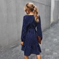 thumbnail image 6 of Women Autumn Puff Long Sleeve V-Neck Loose Midi Dress Elegant Striped Printed Belted High Waist Pleated Flowy Solid Color Streetwear, 6 of 21