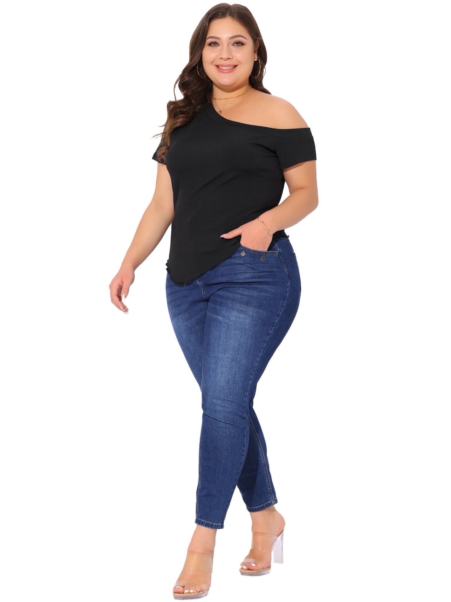 DARING DIVA Women's Plus One Shoulder Blouse 4X Black