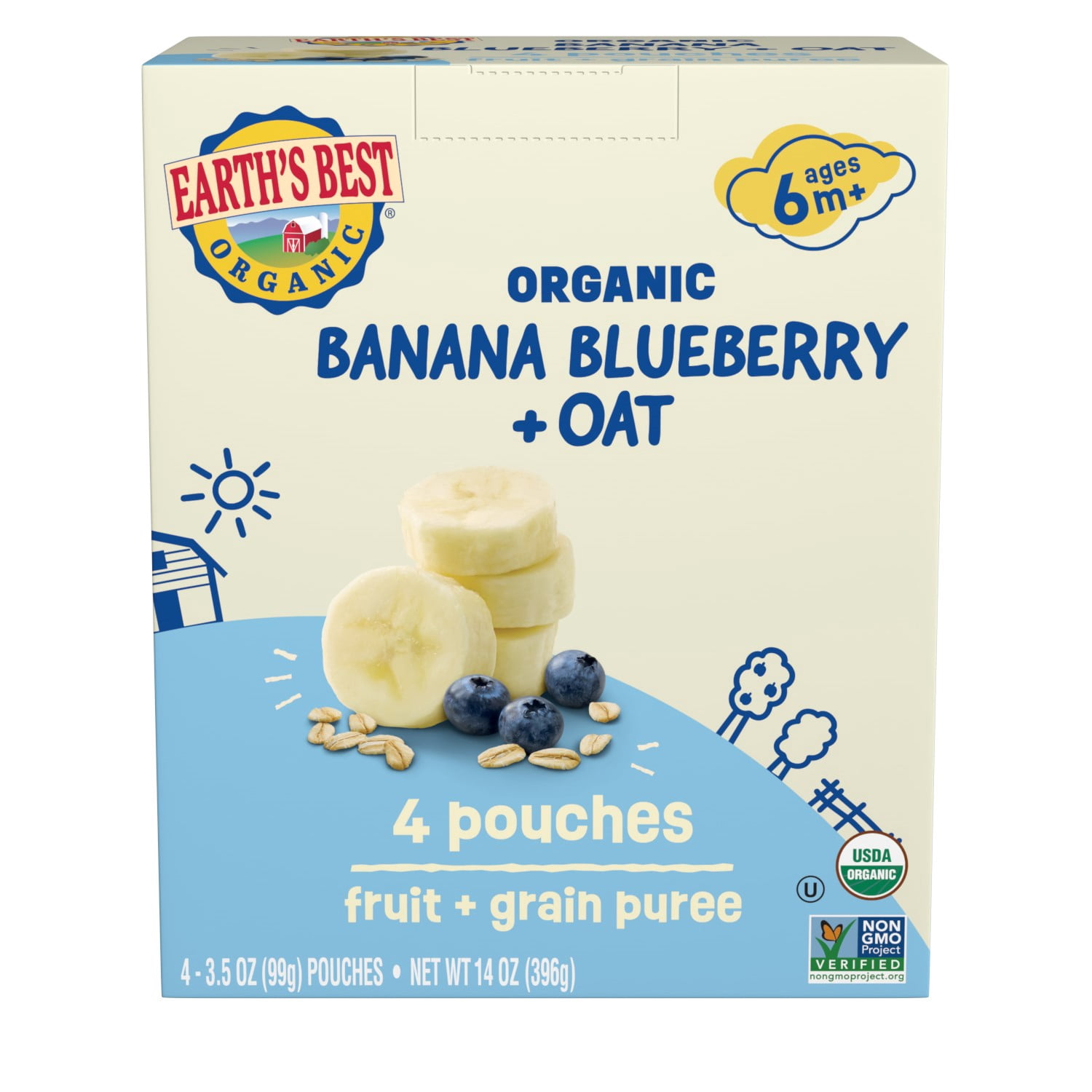(2 pack) Earth's Best Organic Stage 2 Baby Food, Banana Blueberry Oat Puree, 3.5 oz Pouches (4 Pack)