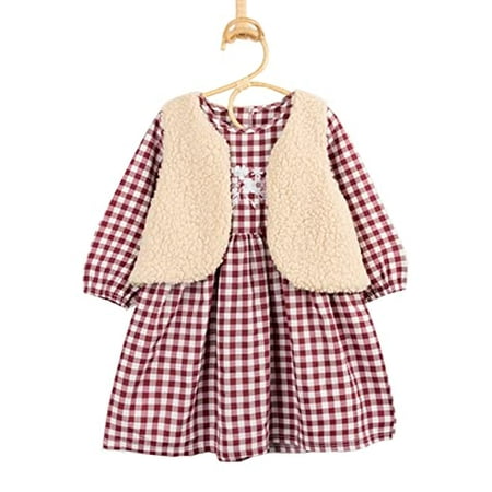 

StylesILove Baby Toddler Girls Red & White Plaid Long Sleeve Dress and Fleece Vest 2pcs Winter Holiday Dressy Outfit (5T)