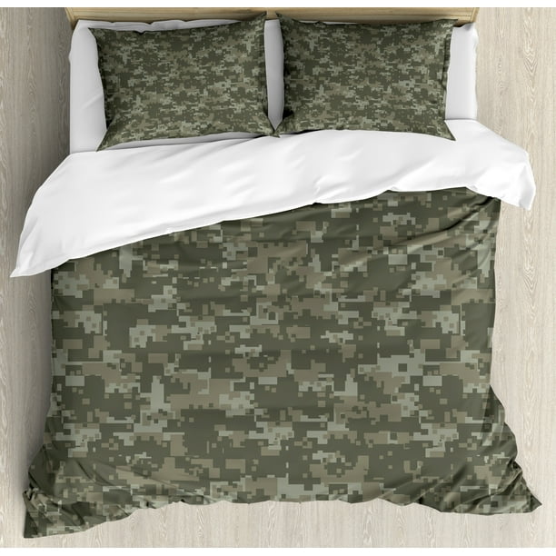 Camouflage Queen Size Duvet Cover Set, Monochrome Military Attire