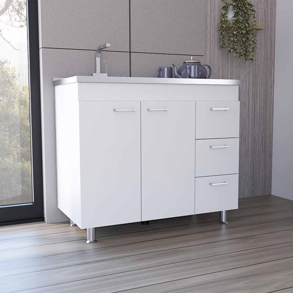 Miekor Furniture Ferretti Base Cabinet, Three Drawers, Double Door, Four Legs -White 00120