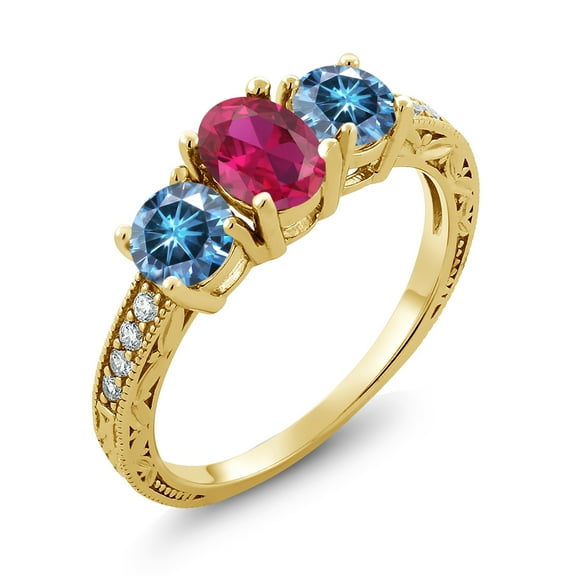 Gem Stone King 18K Yellow Gold Plated Silver 3-Stone Ring Oval Red Created Ruby and Vivid Persian Blue Moissanite (1.97 Cttw, Size 5)