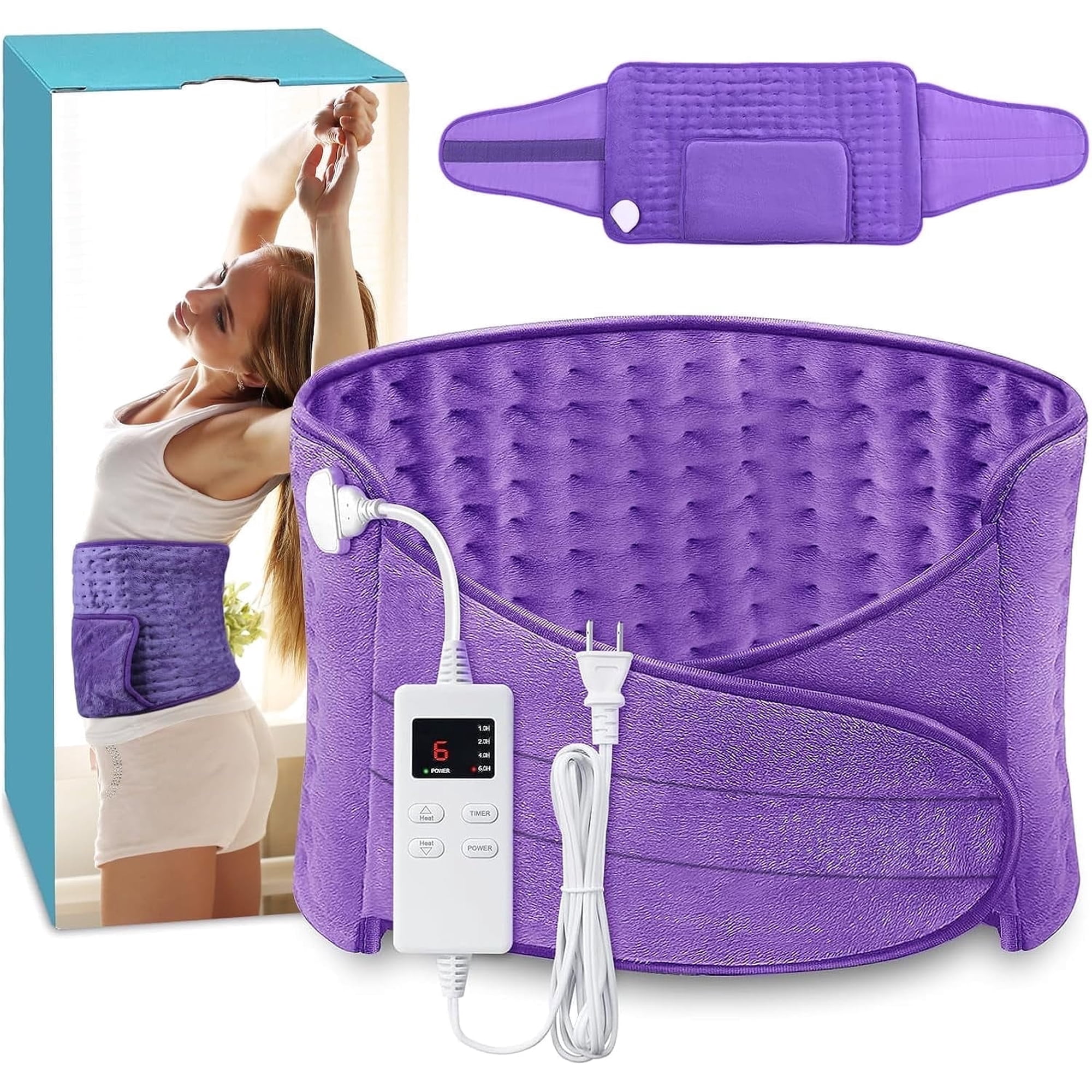 COCOBELA Heating Pad Back Pain Relief Electric Heating Pad for Period Cramps Lower Back Neck Shoulders Pain Relief 6-Hour Auto off 12x24 Heated Blankets + 20" Belt 3 Timer 5 Heat Level Wrap (Purple)