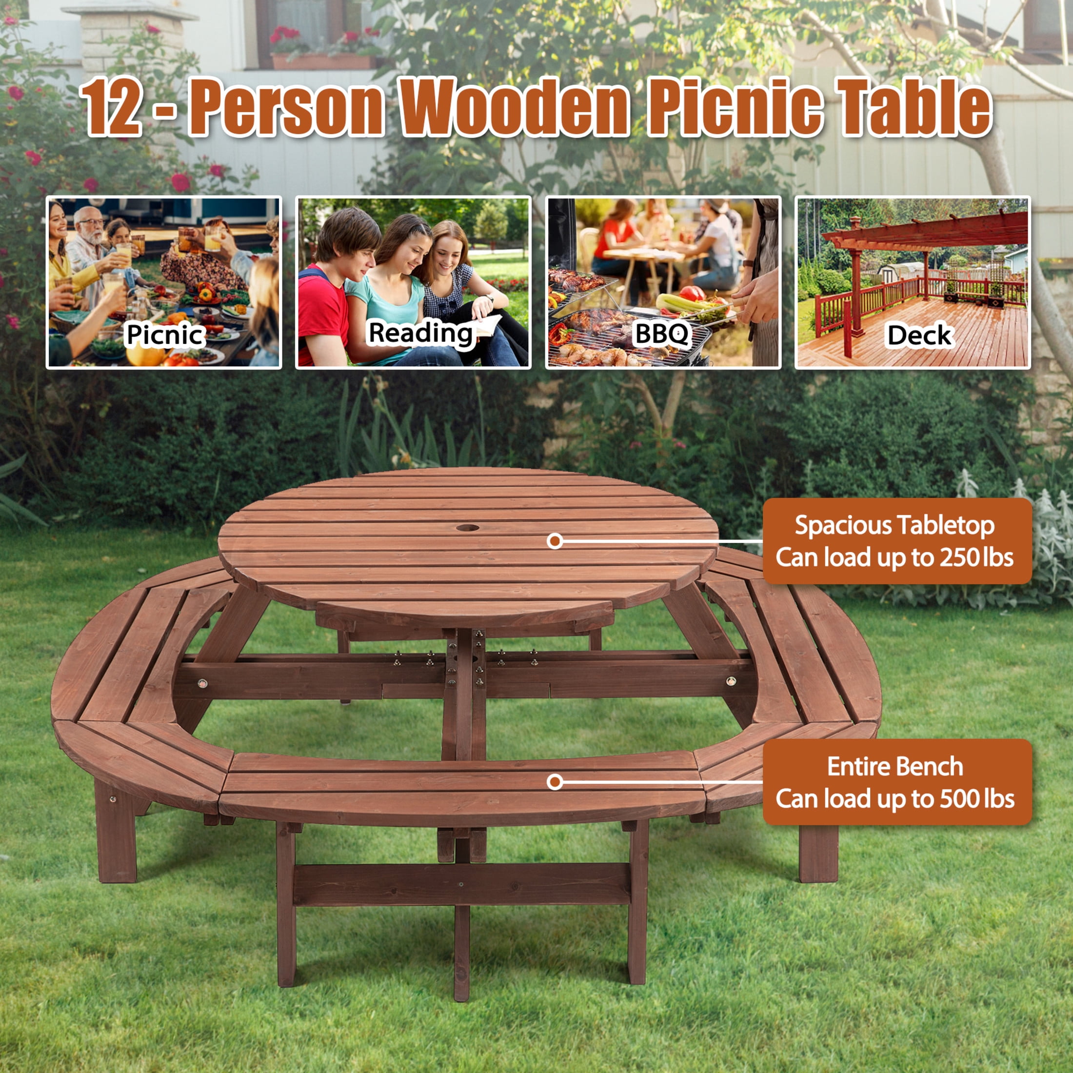 Noble House Lavinia Round Outdoor Fir Wood Picnic Table with Connected Ring Stool, for Patio, Backyard, Garden, Brown