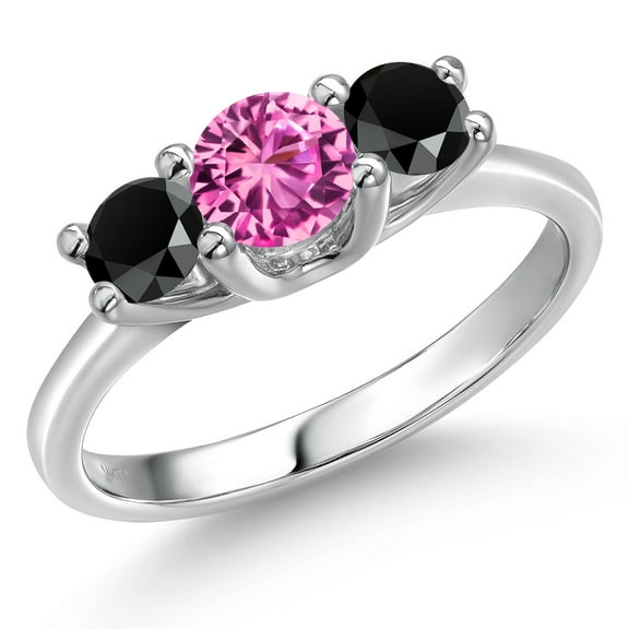 Gem Stone King 14K White Gold Pink Created Sapphire & Black Onyx 3-Stone Engagement Ring | 0.99 Cttw | Round 5MM and 4MM | Three Stone Wedding Anniversary Promise Ring for Women (Size 6)