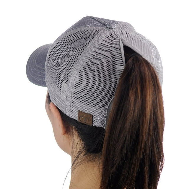 C.C Ponycap Messy High Bun Ponytail Adjustable Glitter Mesh Trucker Baseball Cap, Gray