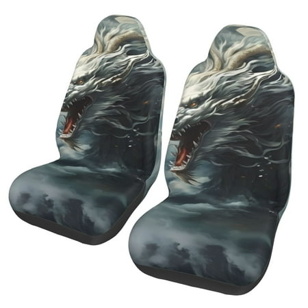 JUNZAN Cloud White Dragon Print 2pcs Seat Covers Universal Fit Sedans Cars Vans SUV Truck