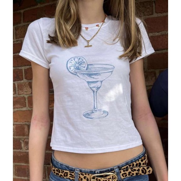 Michellecmm Women's Crop T-Shirt Cocktail Glass/Hand/Lip Print Short Sleeve Tops