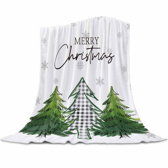 Merry Christmas Flannel Blanket for Bed,Travel and Camping, Green Plaid Christmas Tree Winter Snowflakes Super Soft Cozy Blanket for All Seasons 32"x48"