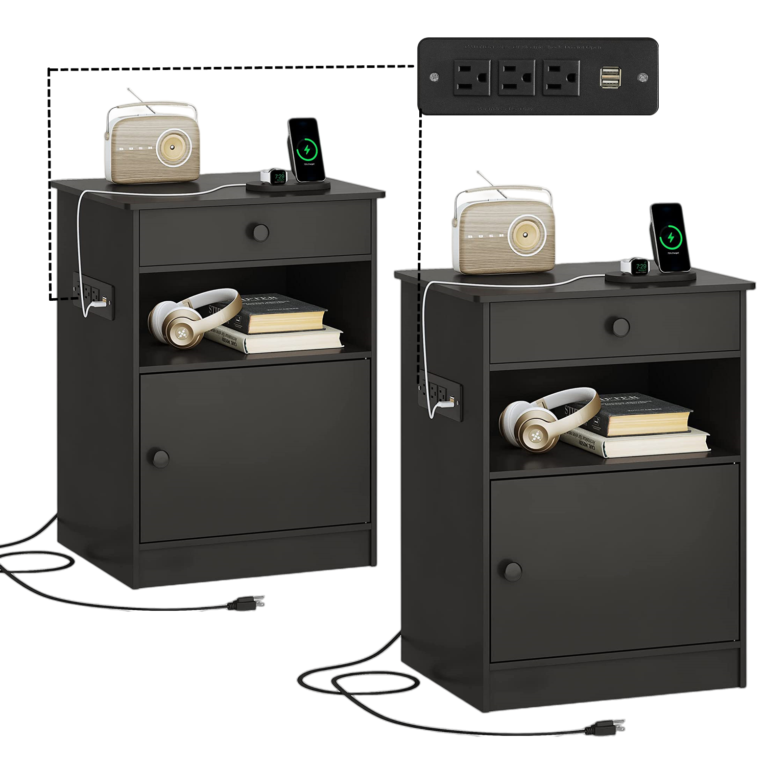 Set of 2 Nightstands with Charging Station USB Port and Drawer, Modern