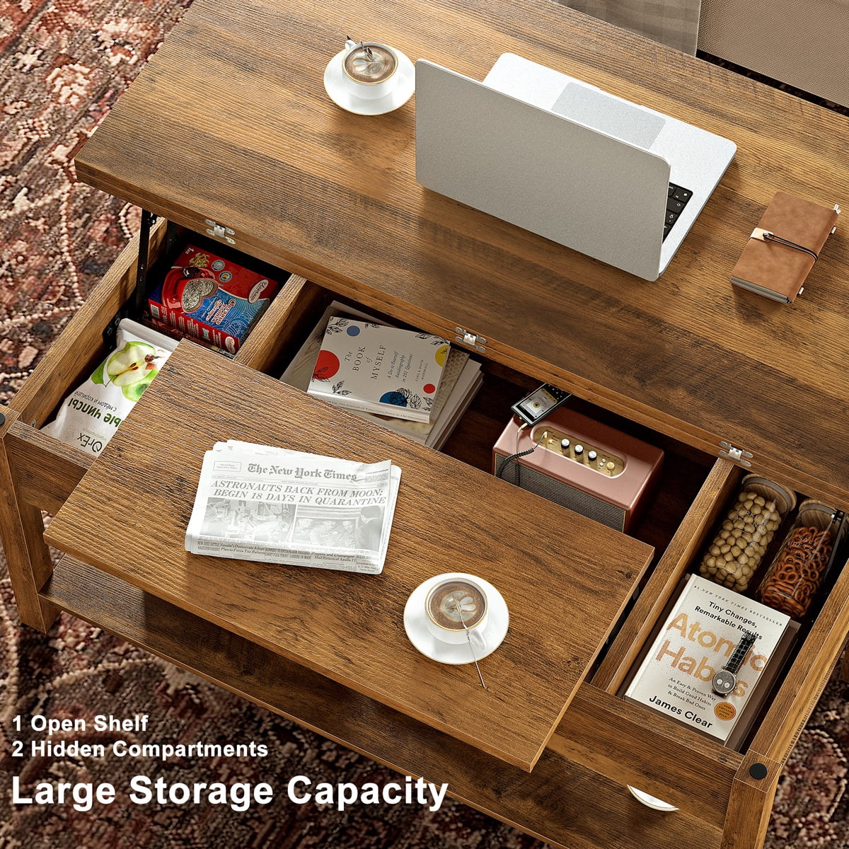 GUNAITO 40.9"Lift Top Coffee Table,4 in 1 Multi-Function Convertible Coffee Table with Hidden Storage Modern Framhouse Coffee Table for Living Room,Light brown