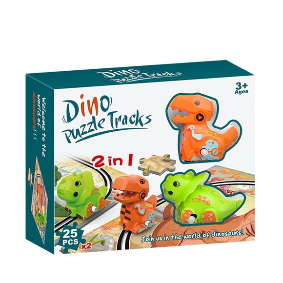 C Dinosaur Puzzle Car Tracks Set With 25 Puzzle Pieces And 1 Dinosaur Car For Kids Age 3-6 Years Diy Educational Toys For Toddlers Boys Girls Gift 5.9X4.3X3.5In