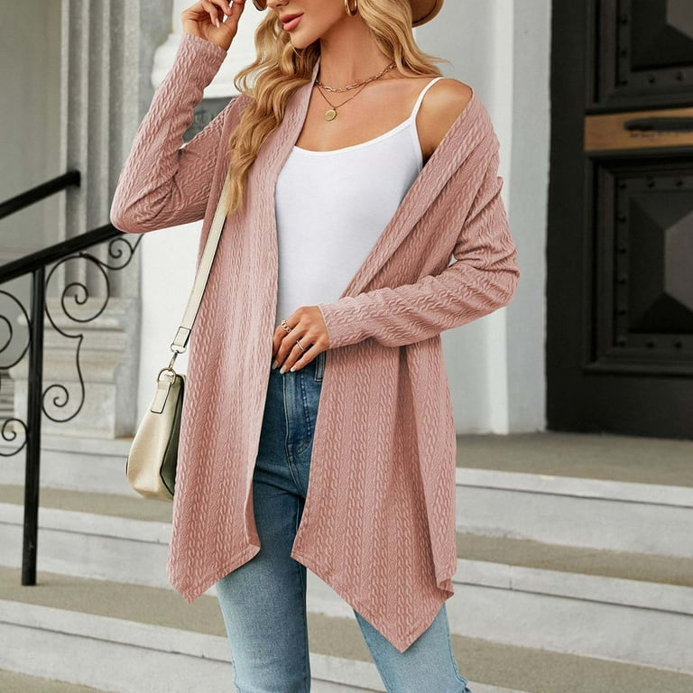 ZQGJB Long Sleeve Open Front Cardigan for Women Trendy Solid Color Knitted  Pullover Sweater Tops Loose Lightweight Thin Coat Outwear Pink M