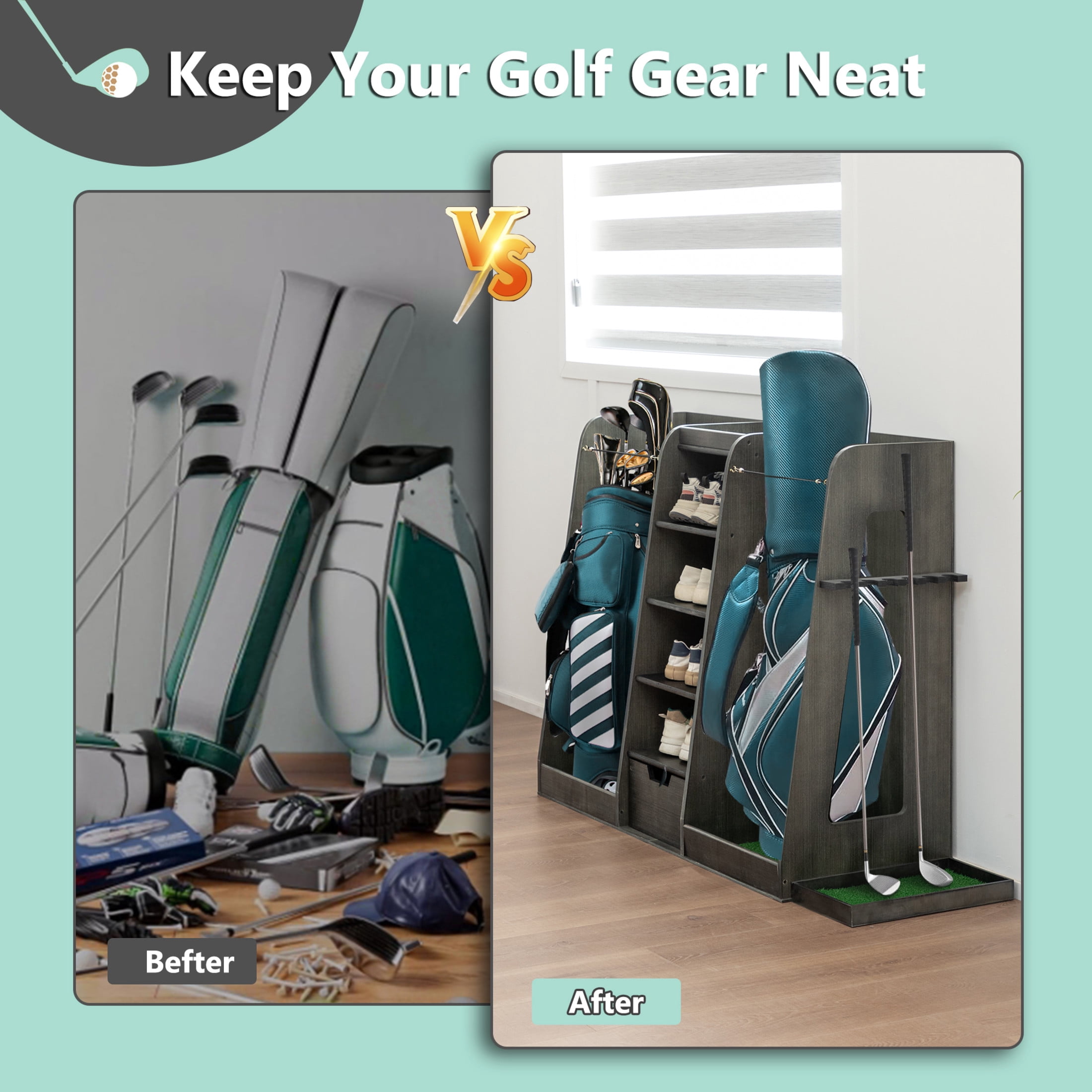 Noble House 55" Wooden Golf Bag Organizer with Storage Drawer, Shoe Rack and Club Side Holder, Gray