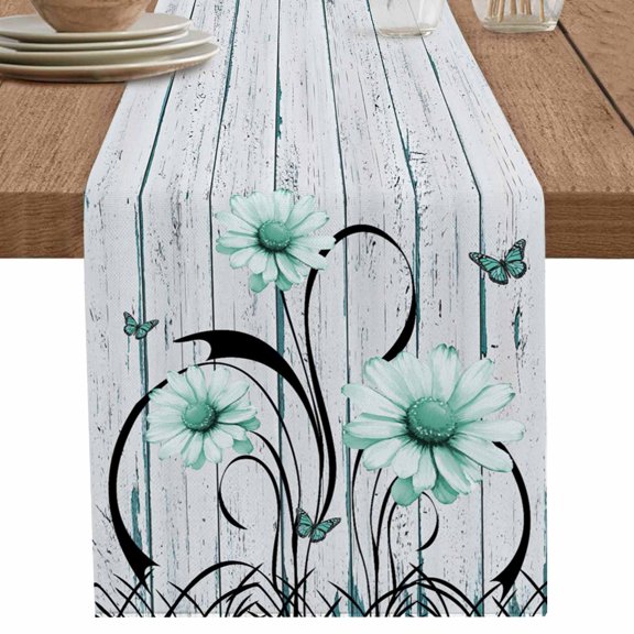 nqOlkjepod Aqua Daisy Table Runner 48 Inches Long Farmhouse Dress Scarves, Rustic Butterfly Floral Gray Wooden Grain Dining Tablerunner for Coffee Table/Kitchen Island/Party Décor, 13" x 48"