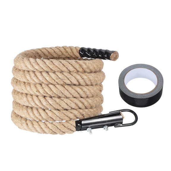 Uxcell 16ft x 1.5 Inch Heavy Jute Battle Rope Fitness Training Gym Climbing Rope with Black Metal Hook for Strength Training Exercise Workout