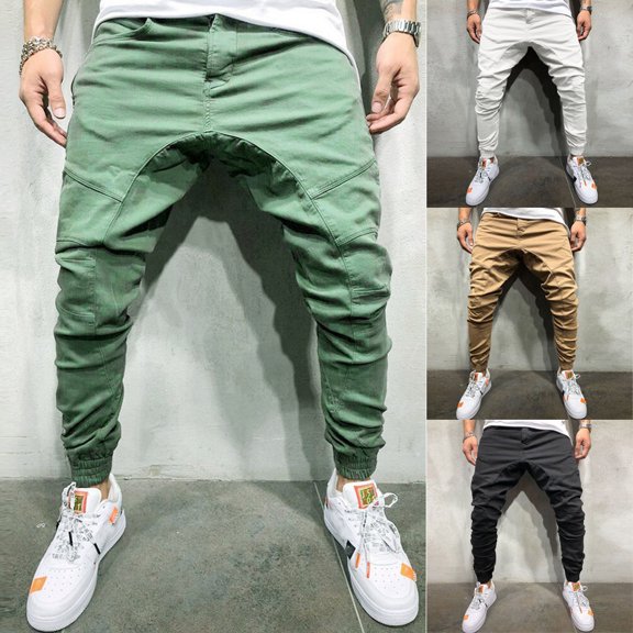 safuny Sports Pants for Men Fashion Fall Spring Trousers Solid Color Soft Relaxed Fit Casual Wear Comfy Lounge Casual Elastic Waist Full Length Pants with Pocket Khaki L