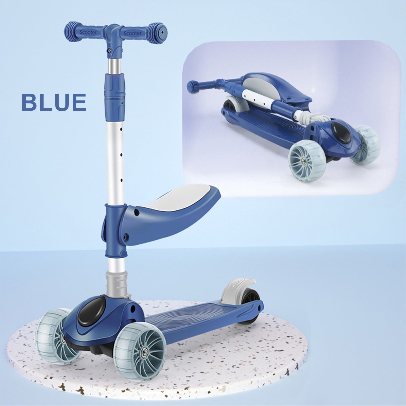 2-in-1 Kids Scooter Foldable Seat Light 3 Wheel Adjustable Folding Bar Blue/Pink