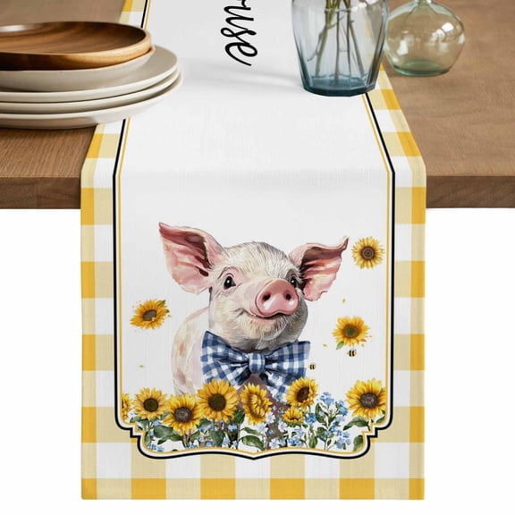 Table Runner 72 Inches Long for Kitchen Dining, Pig Sunflowers Dresser Scarf Farmhouse, Dining Table Decorations for Wedding/Parties, Yellow Floral Elegant Checkered Pastoral 18 x 72 In