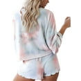 thumbnail image 3 of Blotona Women 2 Piece Pajama Set Nightwear Sleepwear Loungewear Tie-Dye Leopard Print Long Sleeve Top + Ruffled Shorts, 3 of 4