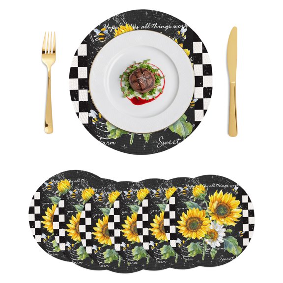 Round Placemats Sunflower 15 inch Set of 6 Table Mats for Dining Table Farmhouse Bee Black Buffalo Plaid Heat Resistant Non-Slip Kitchen & Home Decorative Place Mat Set