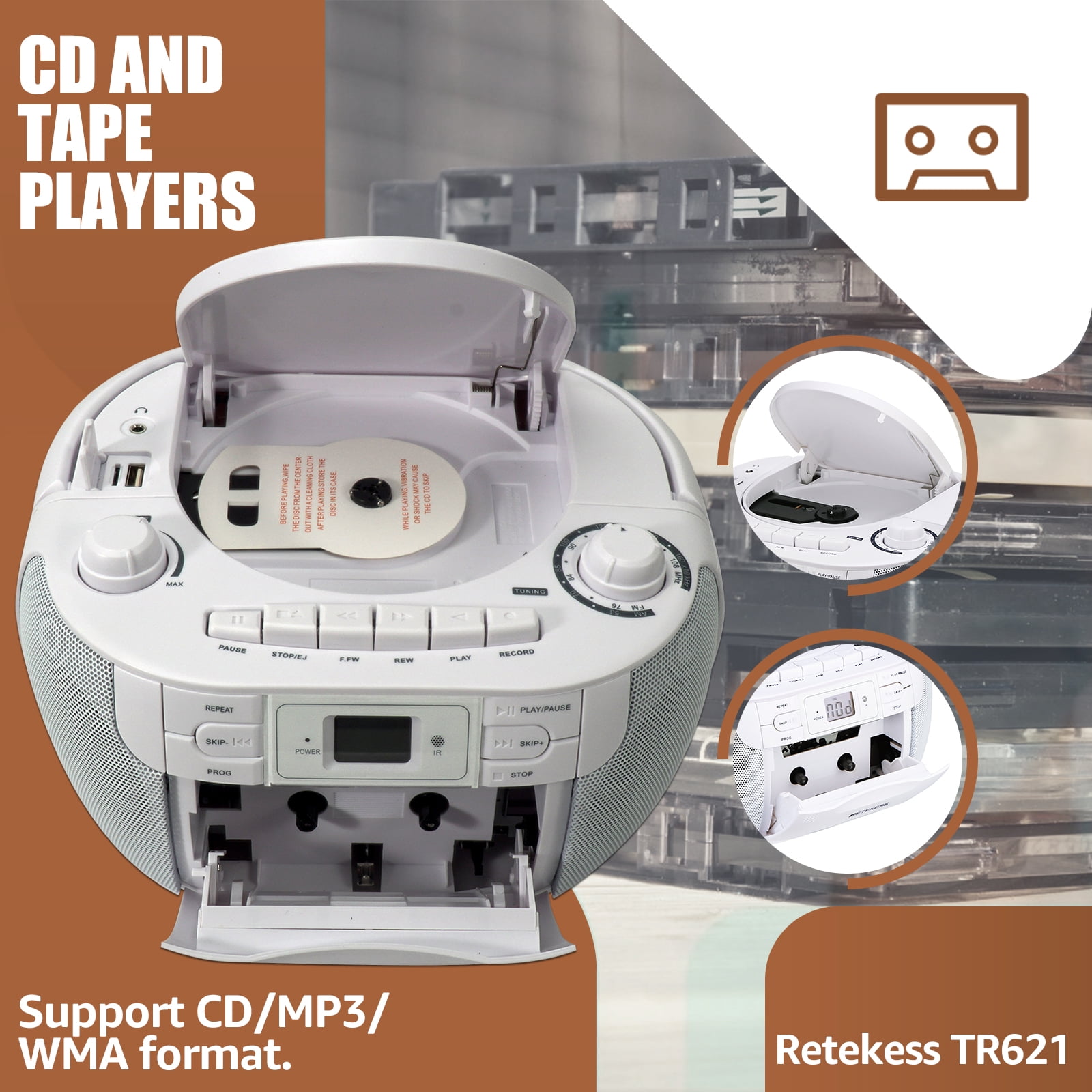 cd players portable,cd playerboombox with remote, AM/FM, Tape Recording, TF/USB Drive, AC or D Battery Powered, Headphone Jack, Stereo Sound (White)