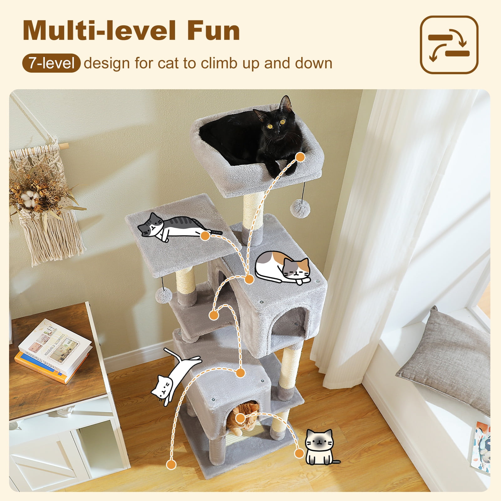 Kadyn 62" Modern Cat Tree Tower for Indoor Cats with Scratching Posts, Cozy Cat Condo and Top Perch, Dangling Ball for Small Medium, Gray