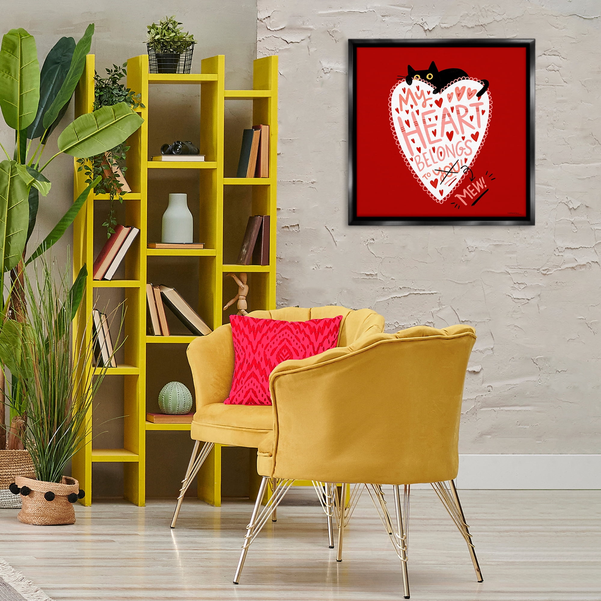 Stupell Industries Heart Belongs To Mew Animals Painting Black Floater Framed Canvas Art Print Wall Art, 25 x 25