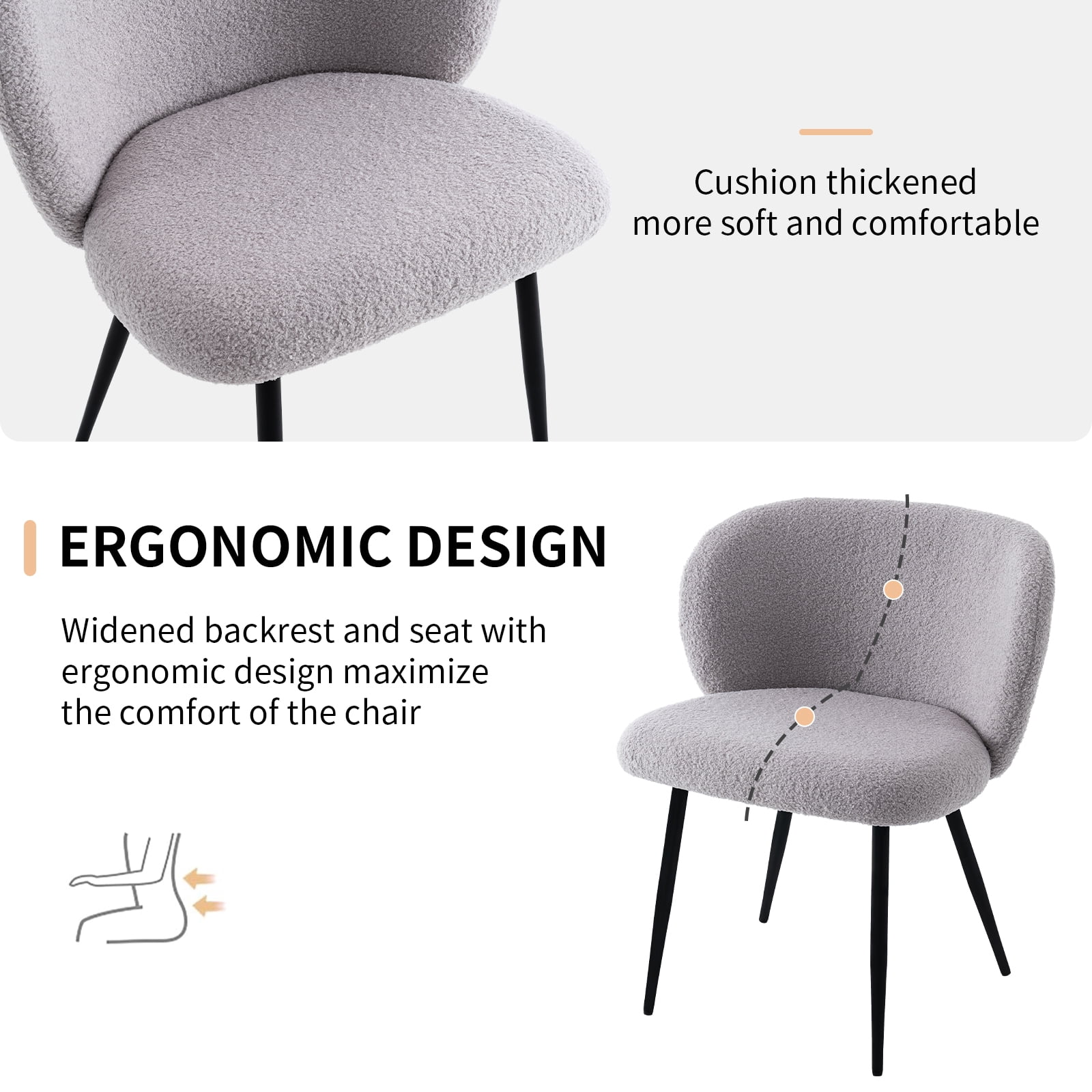 Rongbuk Modern Teddy Dining Chairs Set of 2, Comfy Kitchen Armless Chairs with Thick Cushions, Wingback Chair, Upholstered Dining Room Chairs with Metal Legs for Dining Room, Living Room, Grey