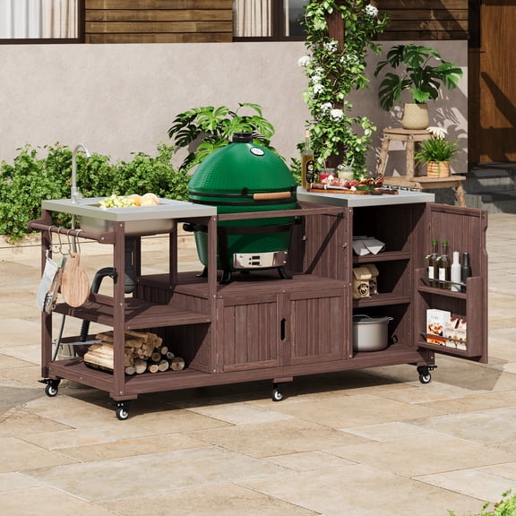 75.4" Outdoor Grill Cart with Sink for Big Green Egg Style Grills