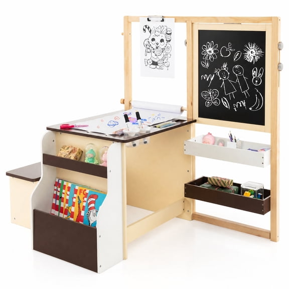 Furnibear Kids Art Table and Chair Set, Wooden Kids Art Table with Bench and Storage, Kids Craft Activity Table for Playroom Bedroom, Brown