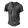 thumbnail image 3 of LRGSHF Mens Distressed Henley Shirts Short Sleeve V‑Neck Button Placket Pullover Retro Washed Casual Western Summer Streetwear Tops Gray M, 3 of 4