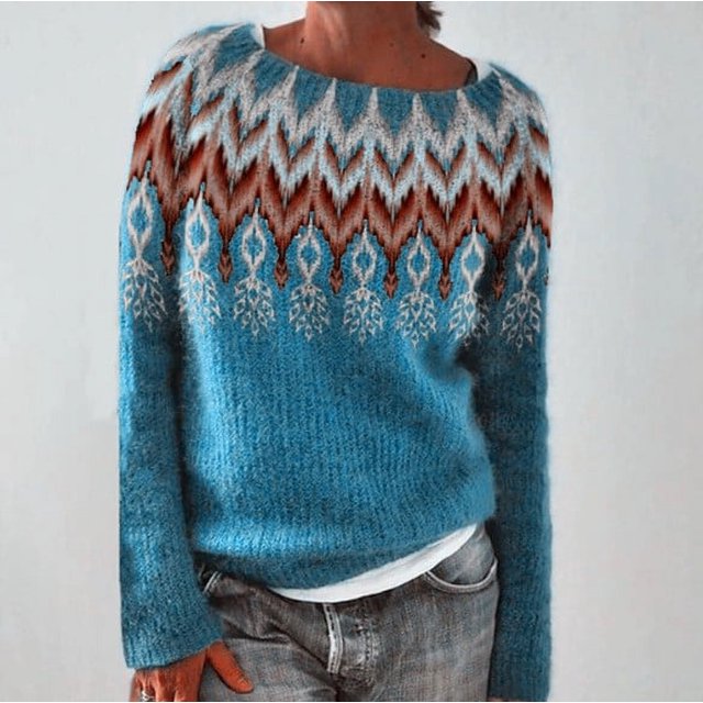Suéter informal holgado con cuello redondo y colores a juego para mujer