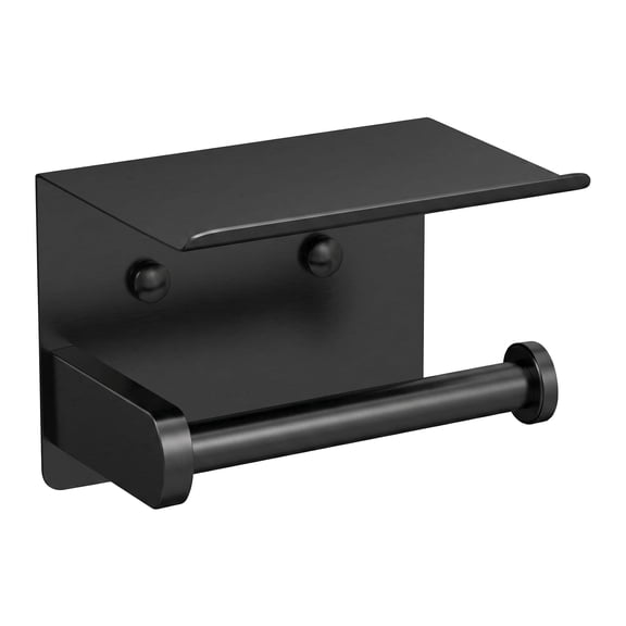 WZB Self‑Adhesive Stainless Steel Toilet Paper Holder with Phone Shelf, Rustproof Black Wall Mount for Bathroom