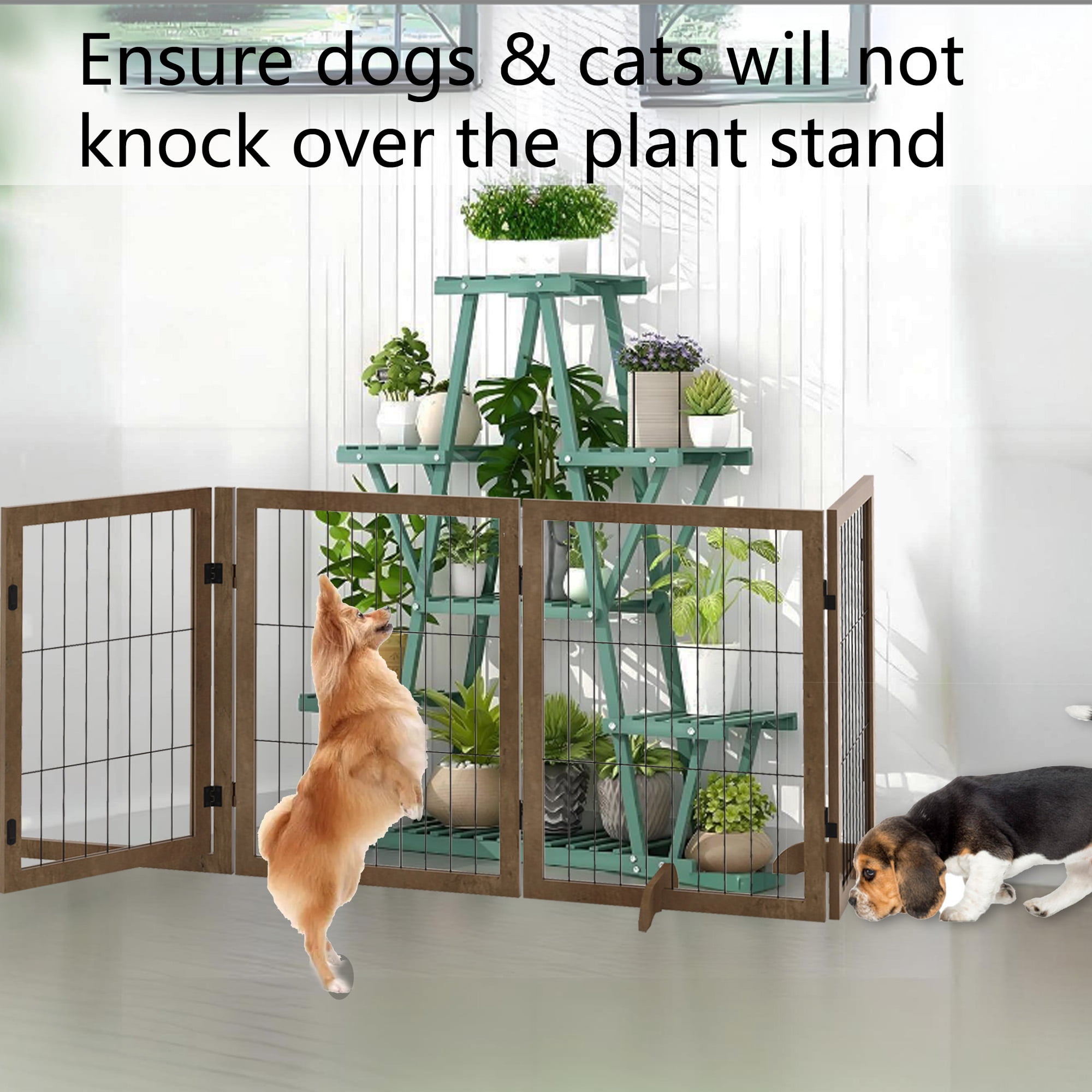Dog Gate 144" Wide 32" Tall with Door Walk Through 6 Panels Reinforced Foldable Wood Pet Puppy Gate Door Safety Fence Barrier for House Doorway Stairs Dog Cage Playpen