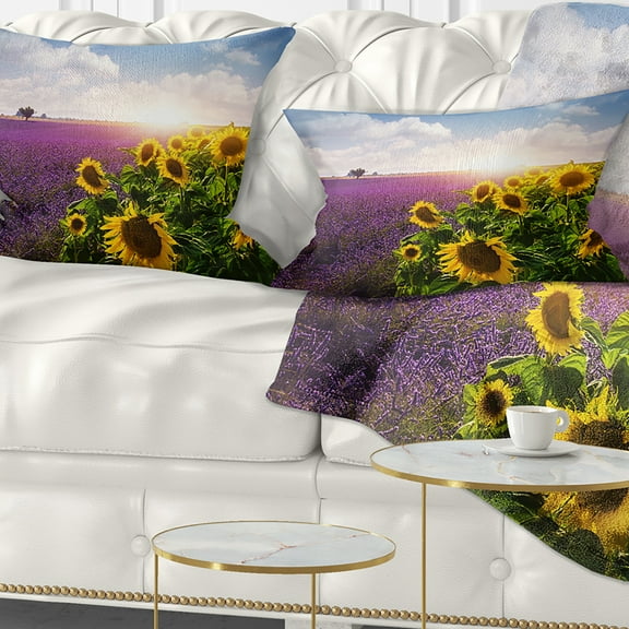 Designart Lavender and Sunflower Fields - Floral Throw Pillow - 12x20