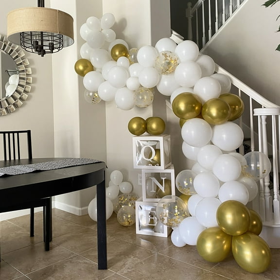 White and Gold Balloon Garland Kit, AIMEDYOU 109 Pieces Gold Confetti Latex Balloons Wedding Birthday Party Decorations Balloon Column Kit Comes with Glue Points Arch Strip Tying Tool