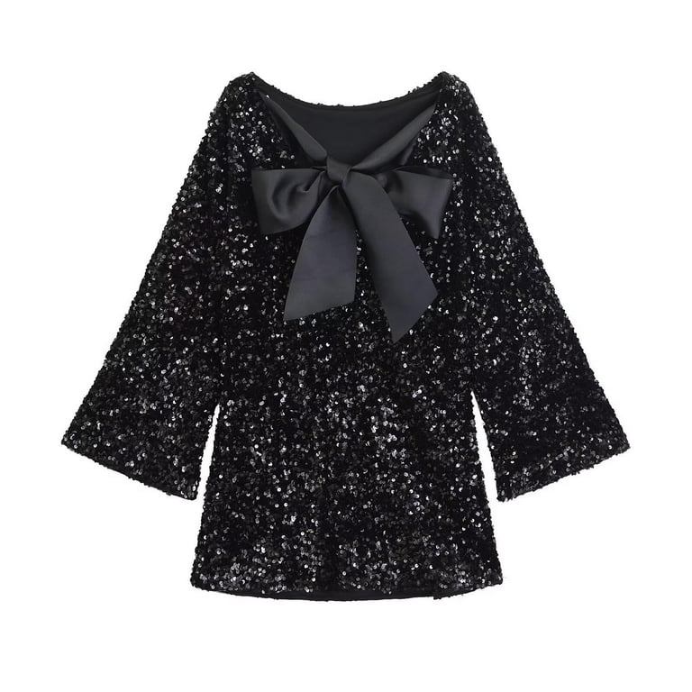 black sequin dress white bow Plus Sequin Velvet Bow Back Shift Dress