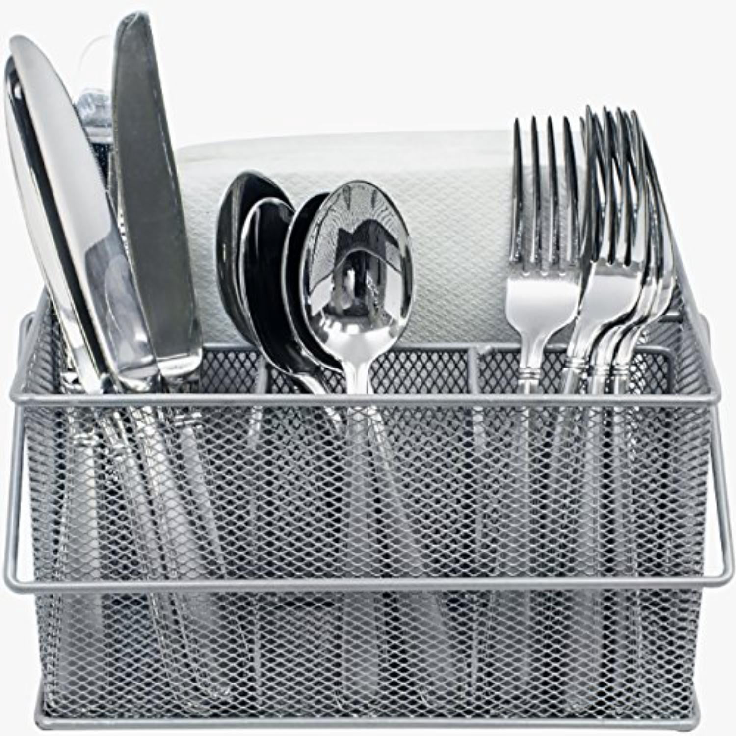 Sorbus Steel Mesh Utensil Caddy with Napkin Holder & Condiment Organizer, Silver