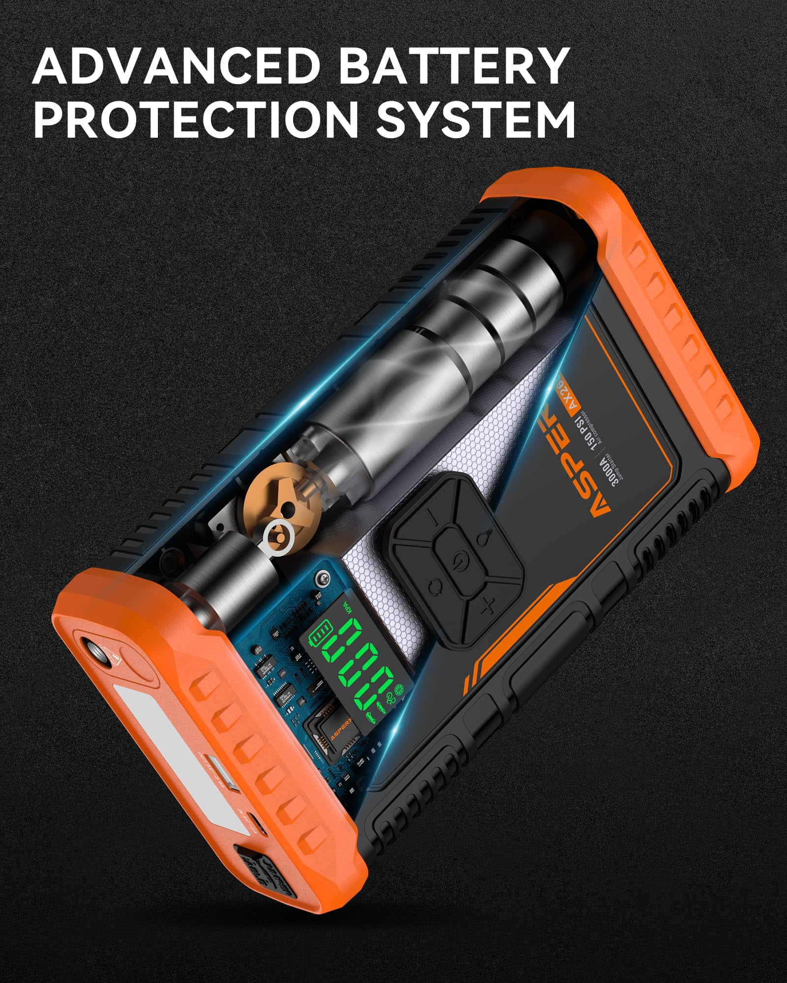 ASPERX Jump Starter with Air Compressor(Up to 10L Gas/8.0L Diesel Engines)，3000A Car Battery Jump Starter with USB Fast Charging,Portable Battery Jumper for 12V Car SUV Vehicles