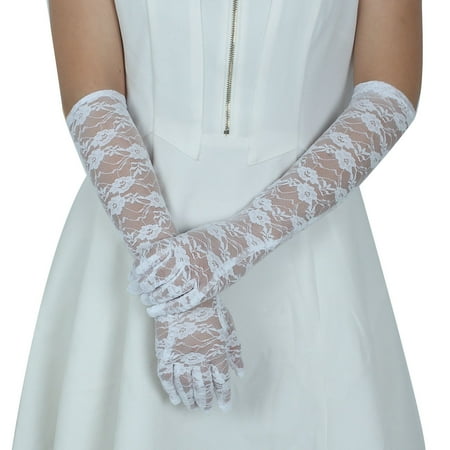 Adult Lady Lace Full Finger Mittens Outdoor Sun Resistant Long Gloves White Pair