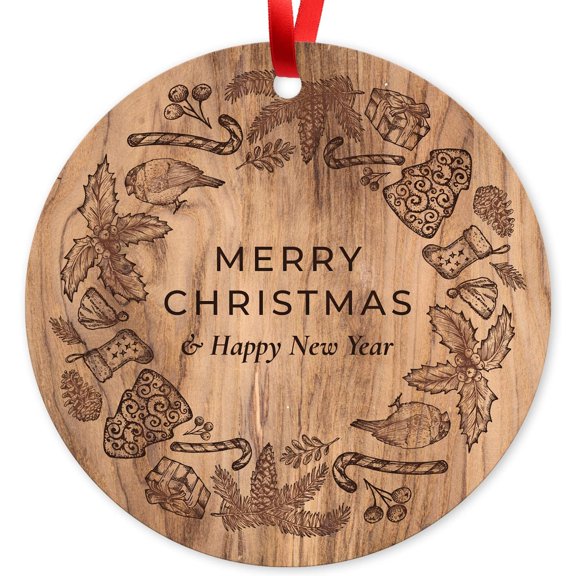 Soul Décor Christmas Tree Ornaments, Merry Christmas & Happy New Year Ornament, Large 3.75" Round Metal Ornament, Velvet Pouch Included