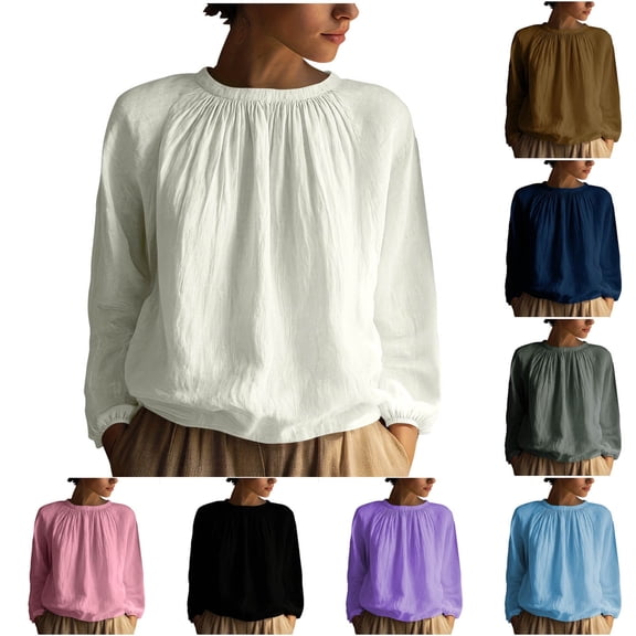 Juslio Women Crew Neck Ruched Tops Solid Color Comfortable Loose White Long Sleeve Shirts