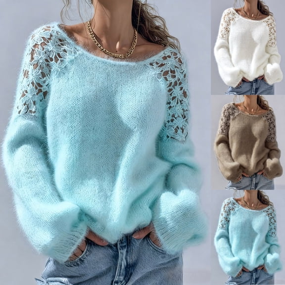Atkumj Womens Crewneck Sweater Trendy Lace Spliced Long Sleeve Pullover Sweaters Loose Solid Color Casual Sweaters for Women S