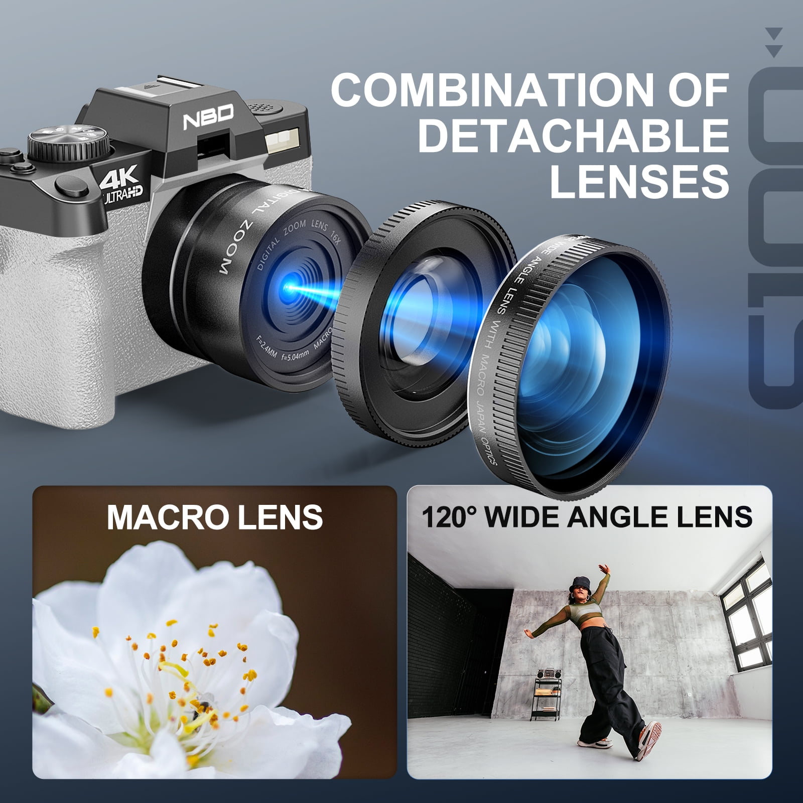 NBD 4K Digital Cameras for Photography,48 MP Autofocus Vlogging Camera with 52mm Wide Angle & Macro Lens,White