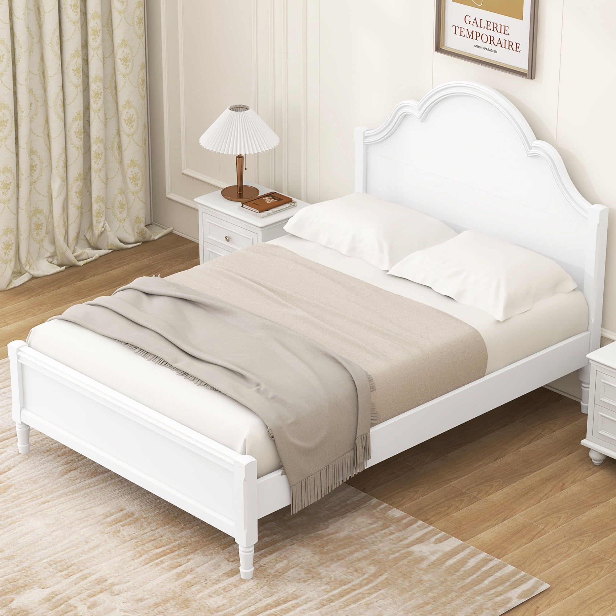 Euroco Wood Full Size Platform Bed with Headboard, No Spring Box Needed, White