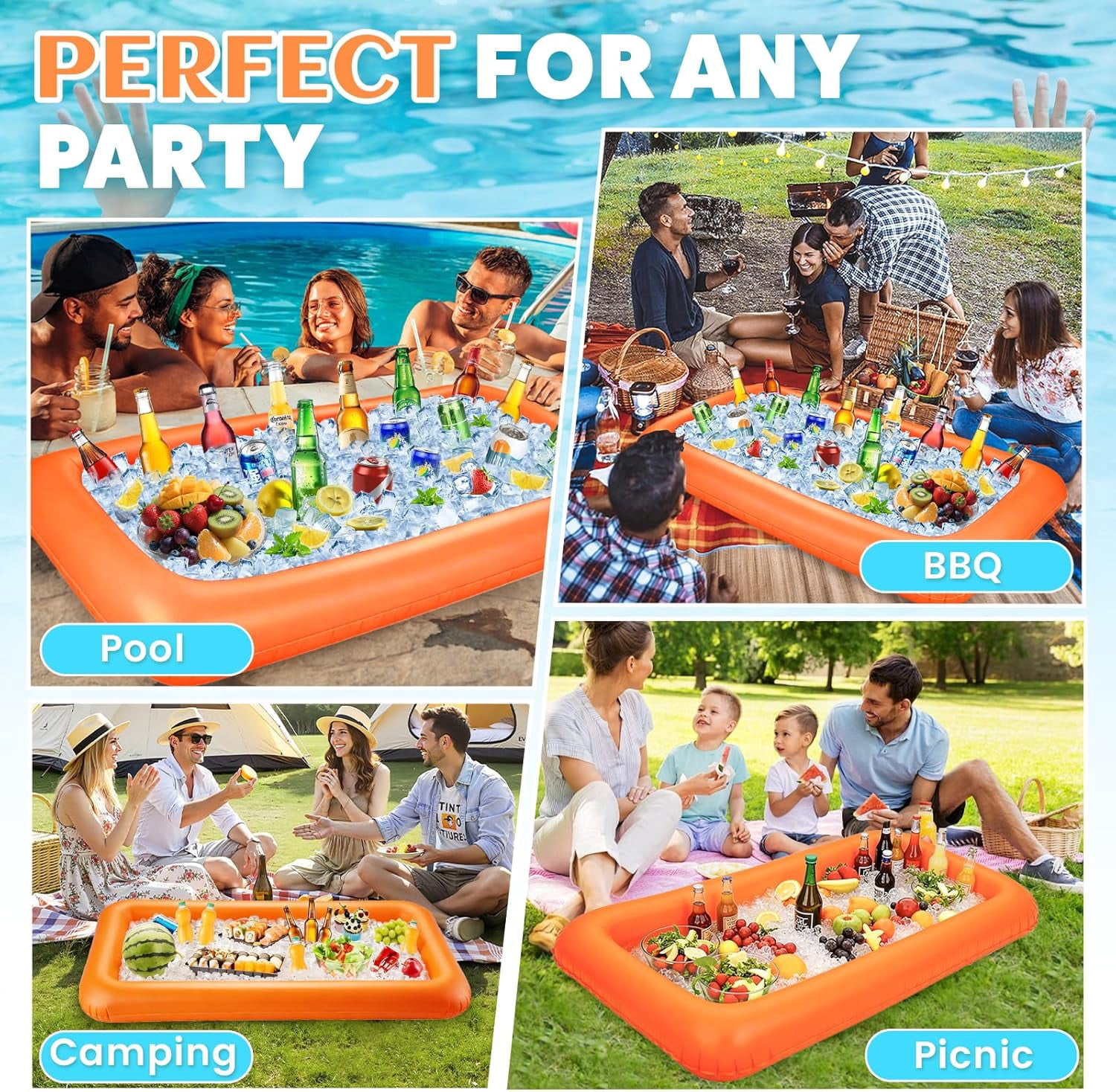 Large Inflatable Ice Serving Bar for Food, Drinks, Salad, Floating Buffet Cooler Tray with Drain Plug for Pool Party, BBQ, Picnic, Camping, Beach, and Outdoor Supplies