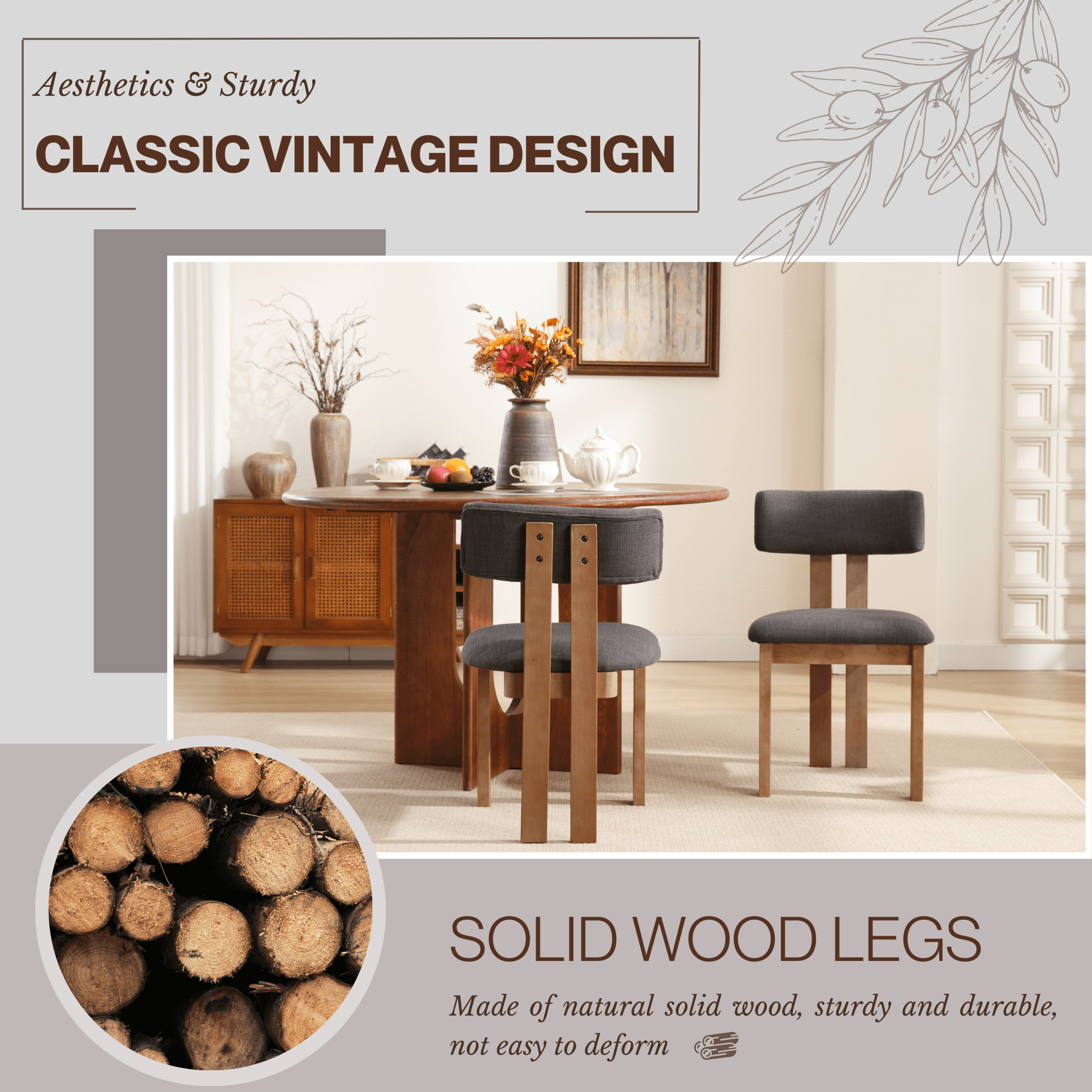 Guyou Wooden Dining Chairs Set of 4, Mid Century Modern Linen Upholstered Dining Side Chairs, Farmhouse Kitchen Chairs with Curved Back for Kitchen Dining Room Living Room, Charcoal